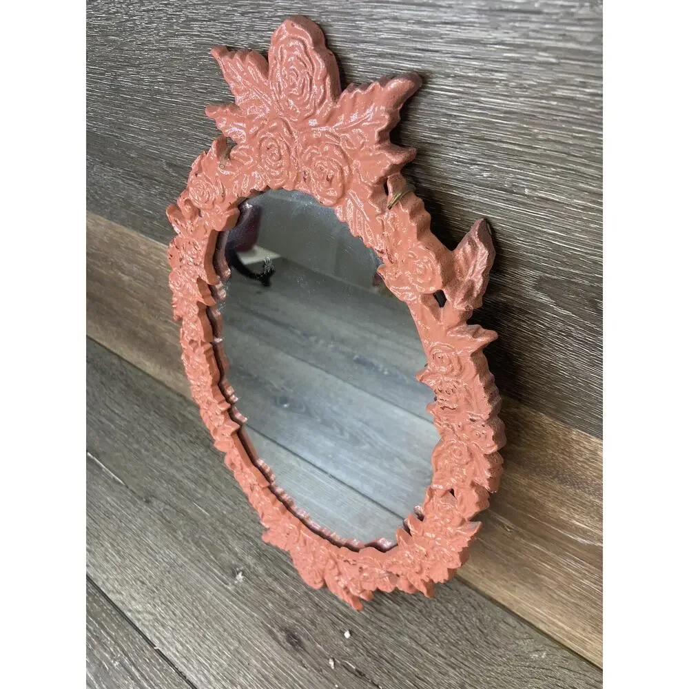 Vintage Oval Ornate Cast Metal Wall Hanging Mirror 16x9” Pink